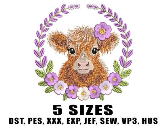 Highland Cow with Lavender Floral Frame